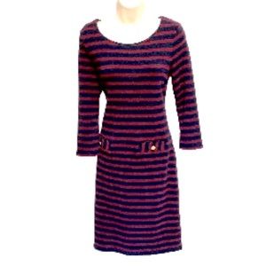 TALBOTS Stripe Fit and Flare Jersey Dress Maroon Dark Blue 3/4 Sleeve Womens XS